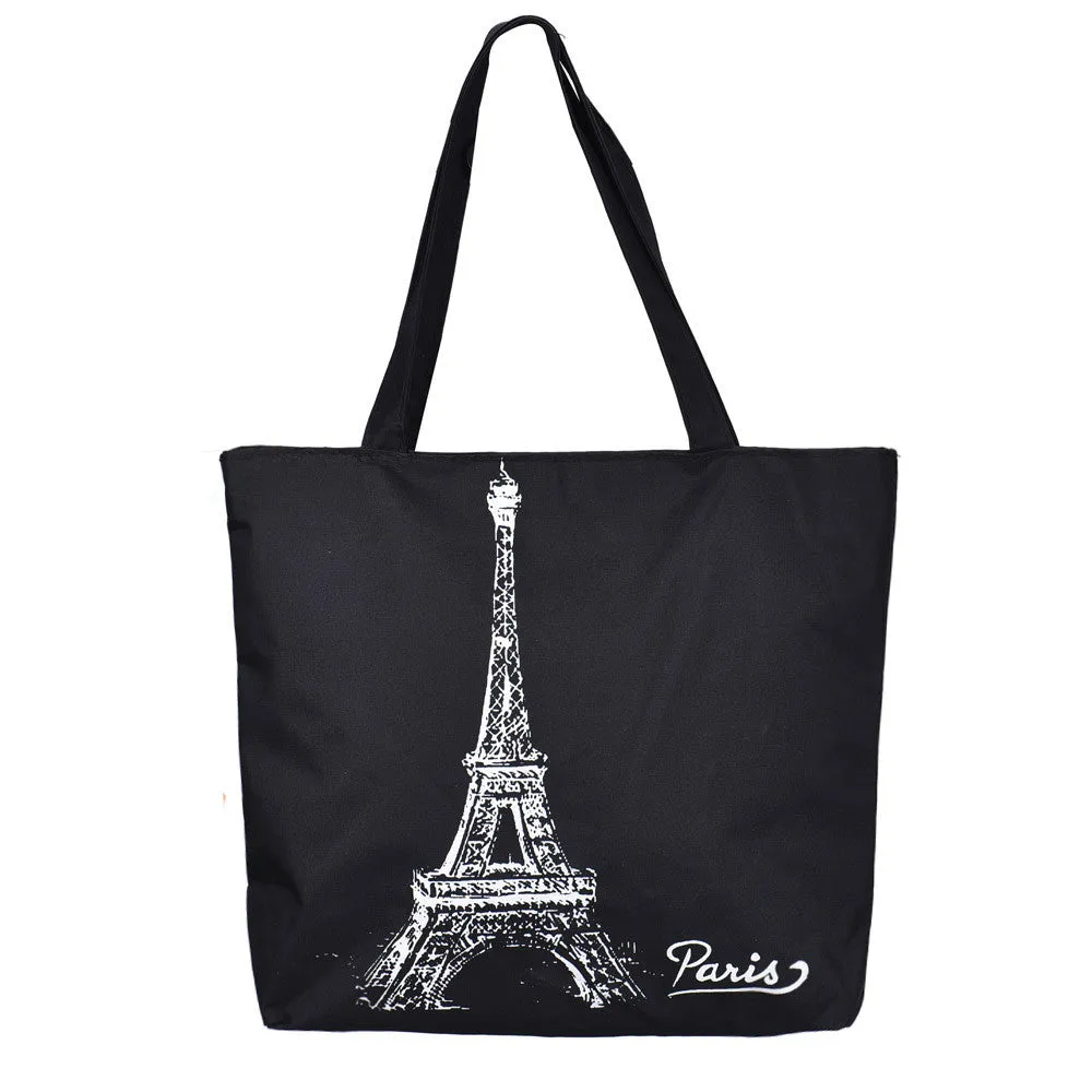 Black Vintage Women Canvas Bags Women's Shoulder Bags Tower Print Shopping Shoulder Bag Women Handbag Tote