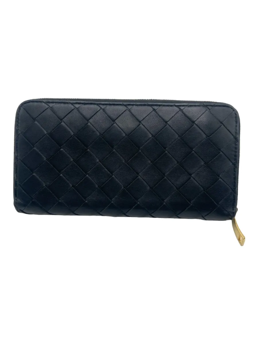 Bottega Veneta Black Leather Woven Continental Gold Hardware Top Zip Wallets