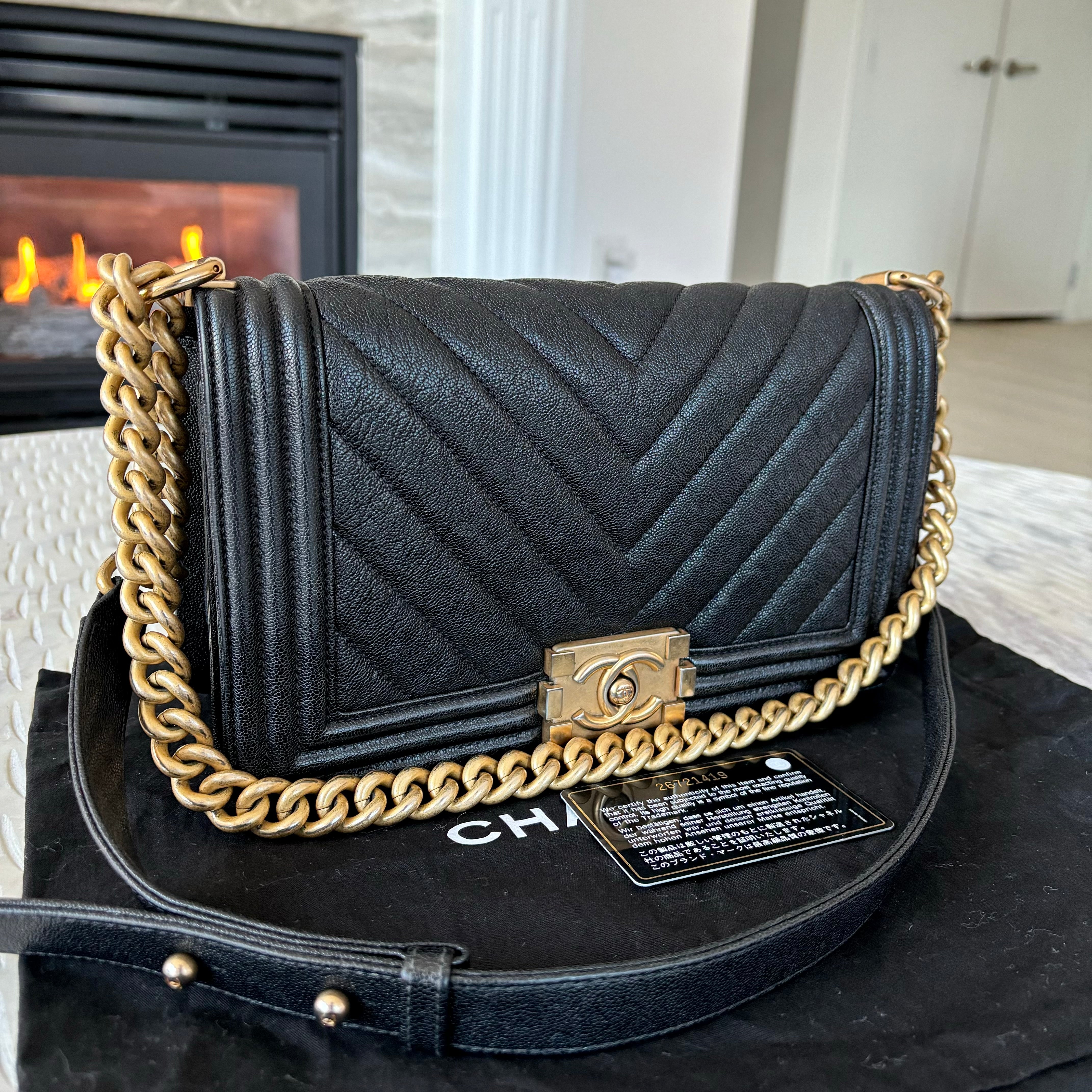 Chanel Boy Flap Bag Chevron Caviar Old Medium