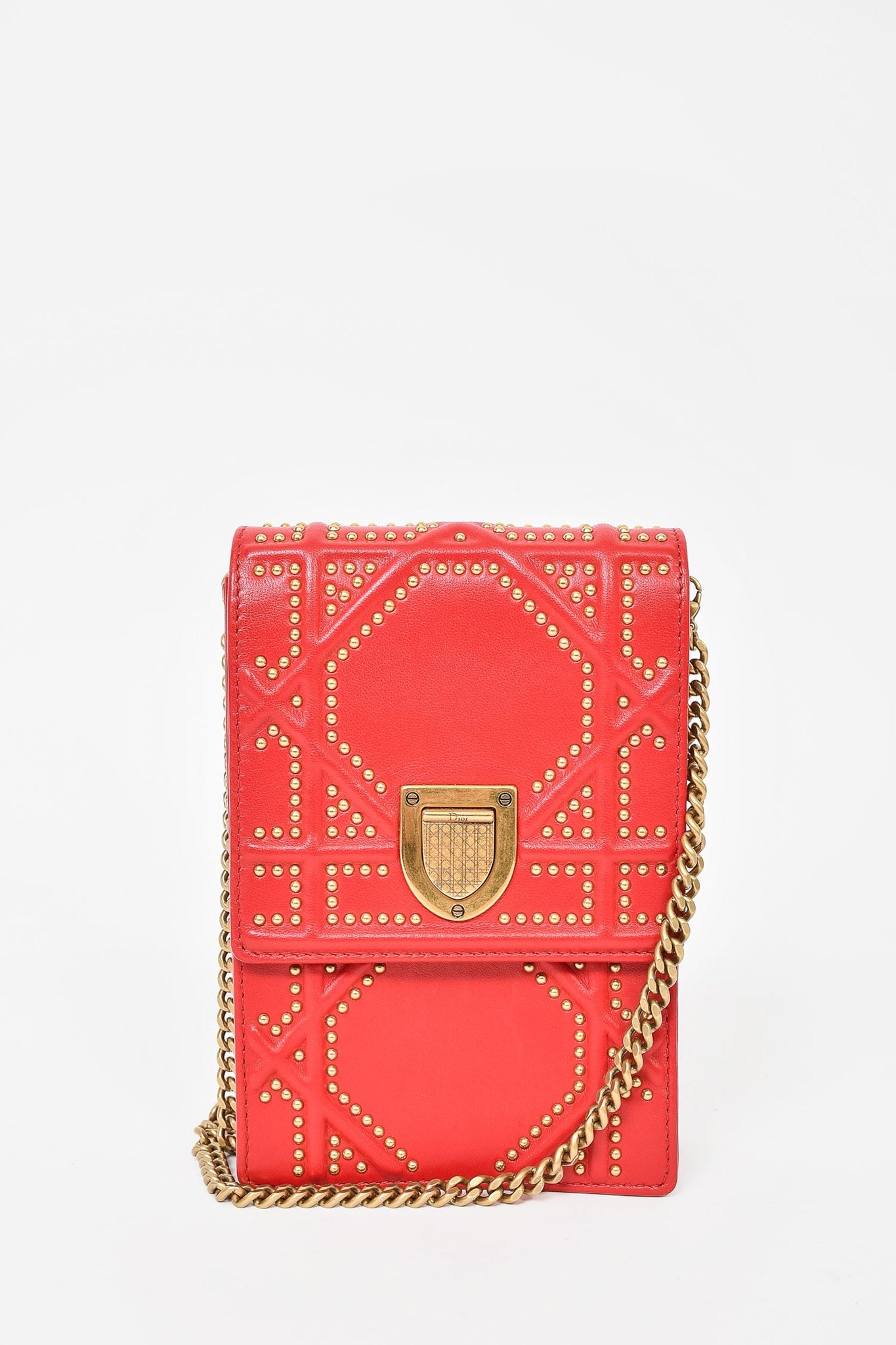 Christian Dior Red Leather Studded Diorama Vertical Crossbody Bag