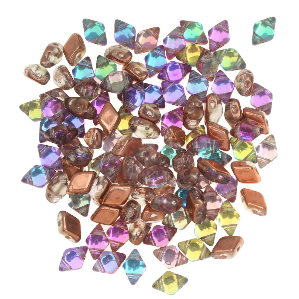 Czech Glass DiamonDuo, 2-Hole Diamond Shaped Beads 4x6mm, Prismatic Fiesta (25 Gram Pack)