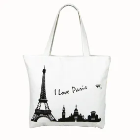 Fashsion Women Bag Canvas Tower House Pattern Shopping Shoulder Bags Hbag Beach