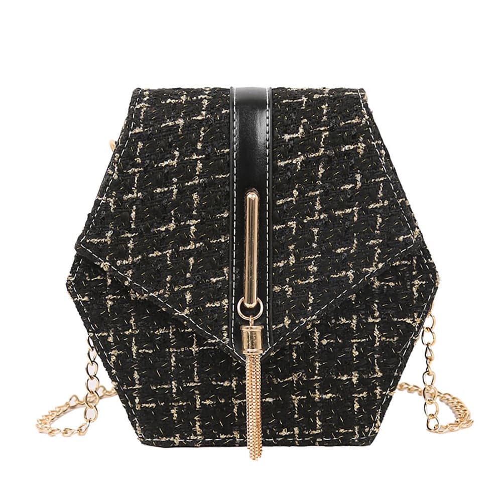 Geometrical Tweed Flap Bag With Gold Tassel