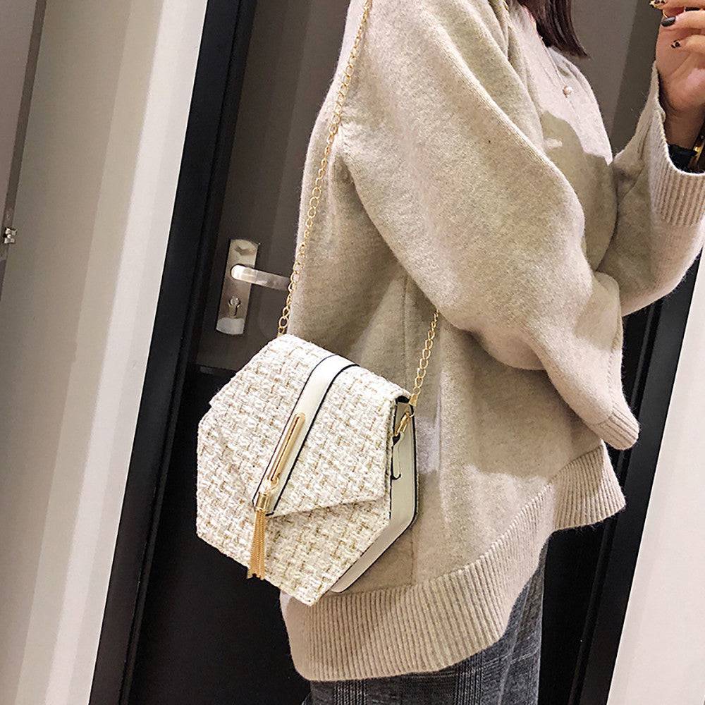 Geometrical Tweed Flap Bag With Gold Tassel