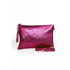 Metallic Magenta Large Leather Wristlet Clutch Bag