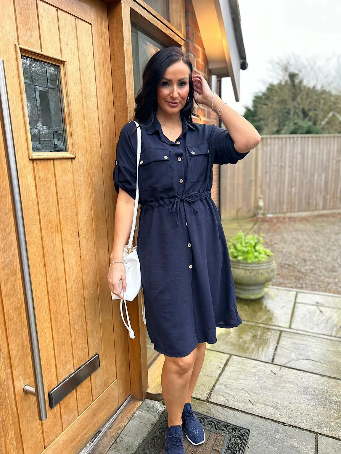 Navy Crepe Tie Waist Shirt Dress Francesca