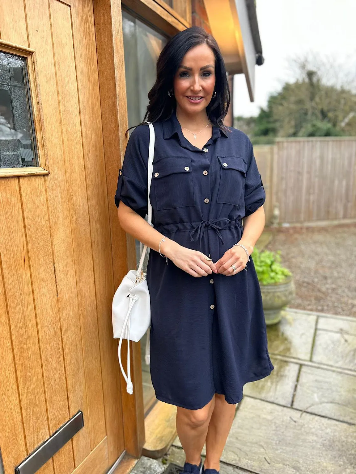 Navy Crepe Tie Waist Shirt Dress Francesca