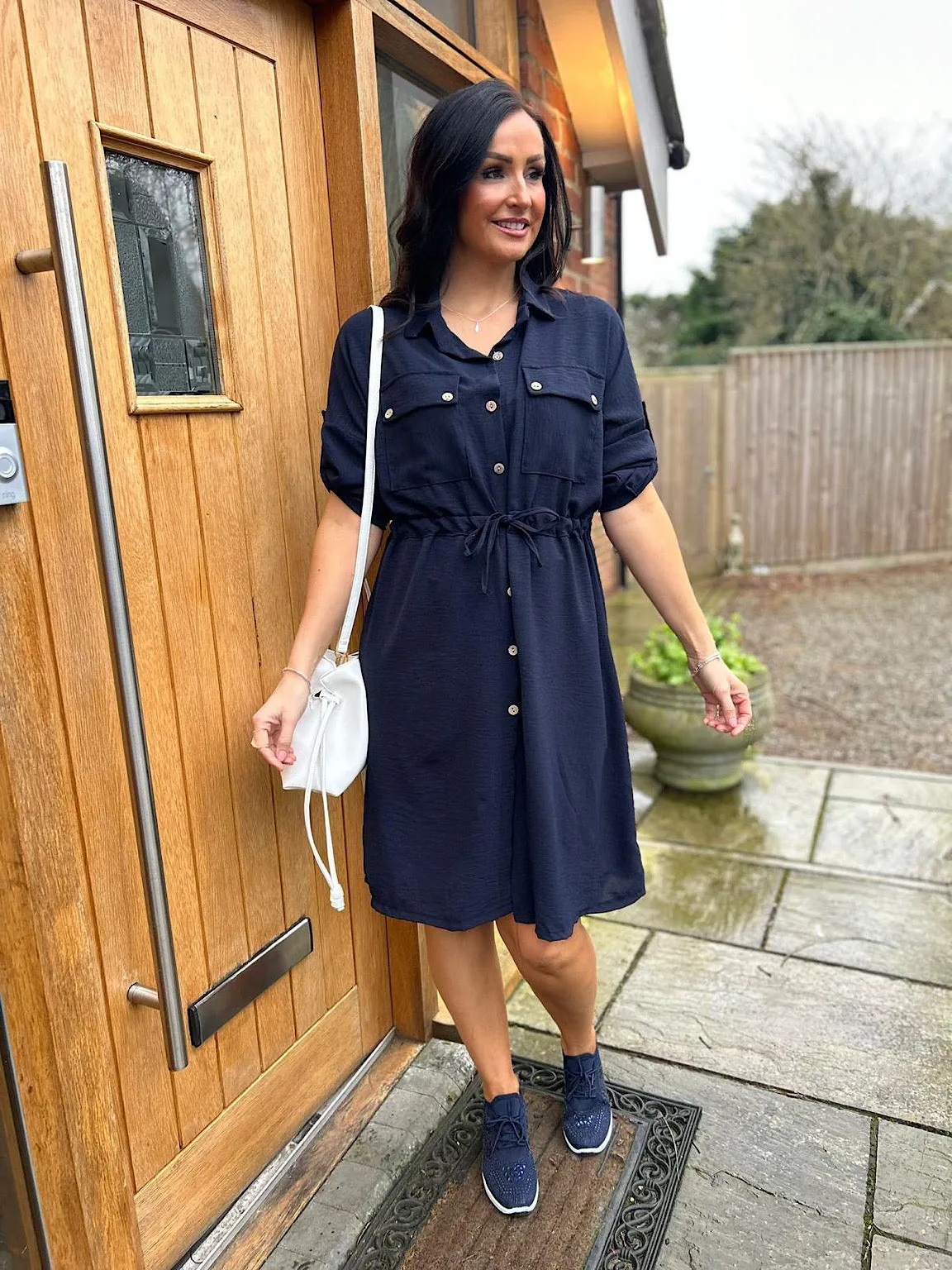 Navy Crepe Tie Waist Shirt Dress Francesca