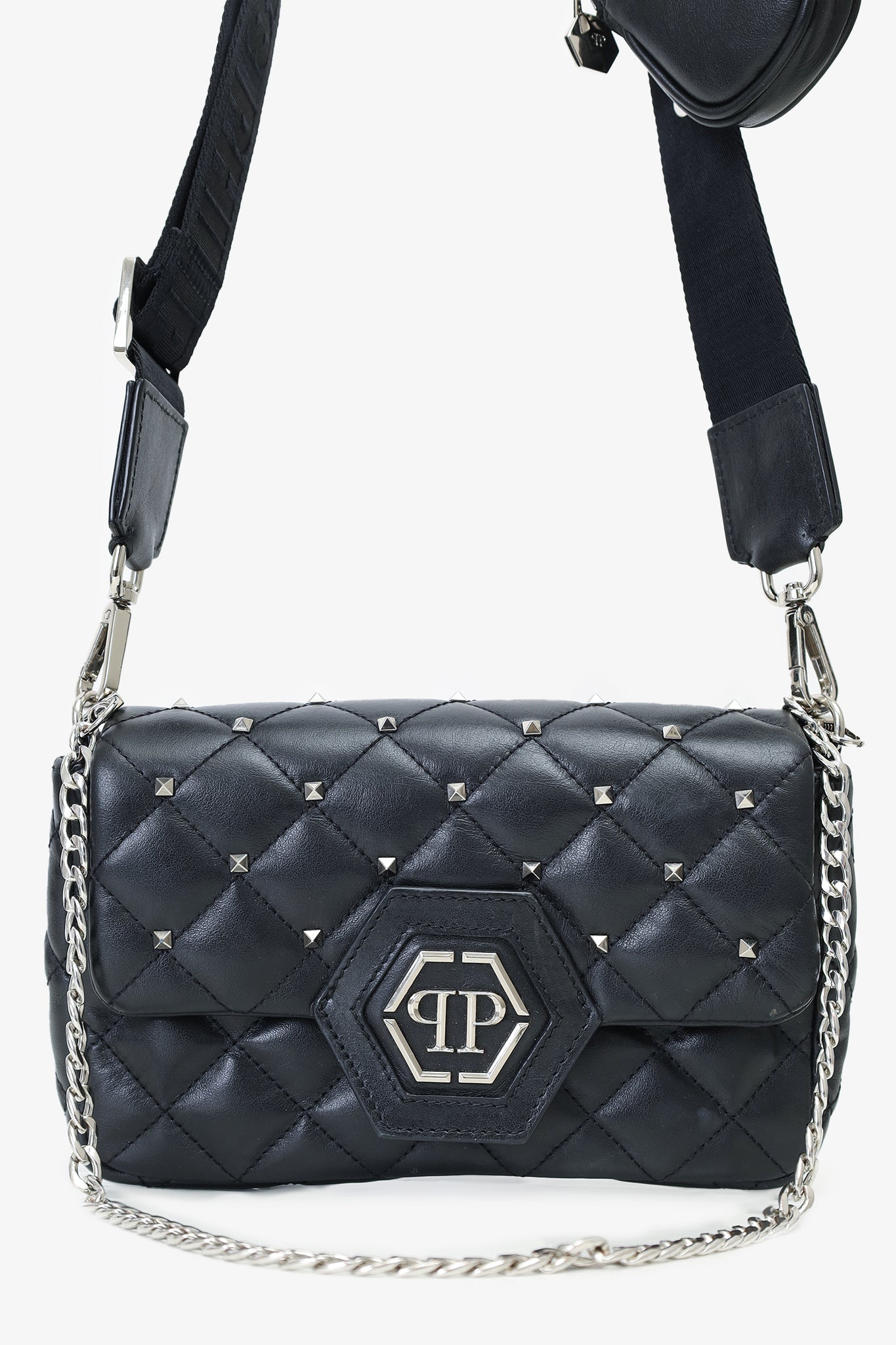 Phillip Plein Black Leather Studded Crossbody