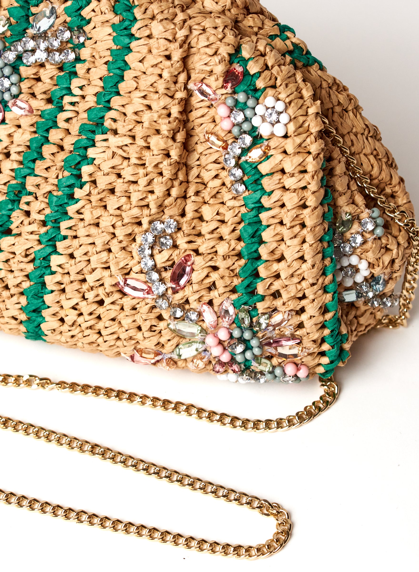 Raffia & Bead Beige-Green Clutch Bag