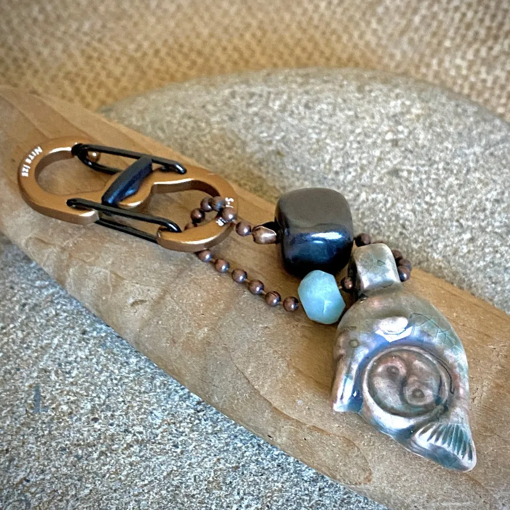 Raku Dolphin Yin Yang Bead, Amazonite Bead & Shungite Cube Clip-On