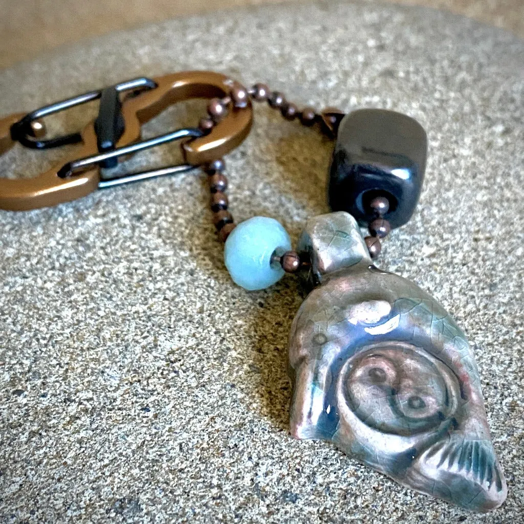 Raku Dolphin Yin Yang Bead, Amazonite Bead & Shungite Cube Clip-On