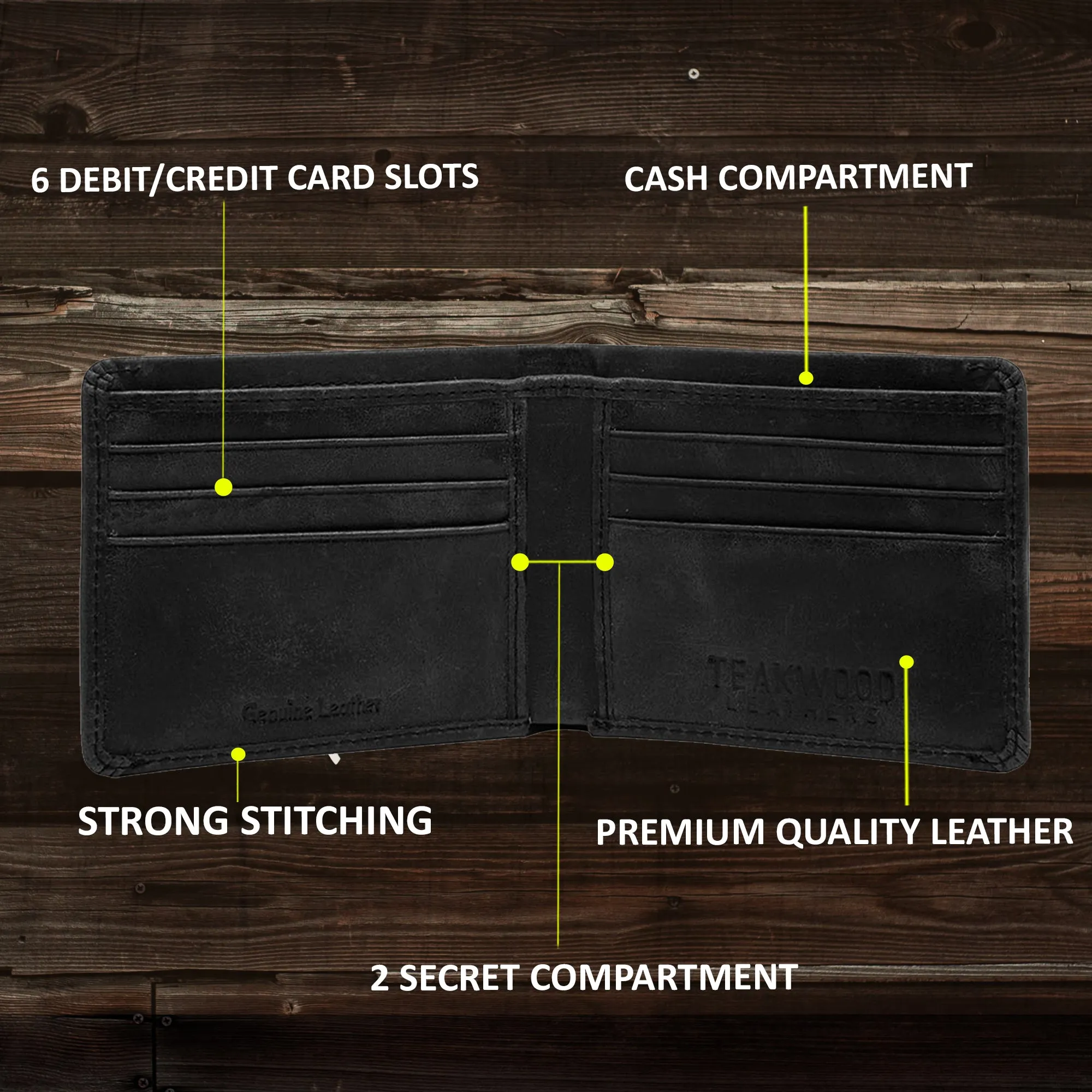 Teakwood Men Genuine Leather Black Bi fold wallets