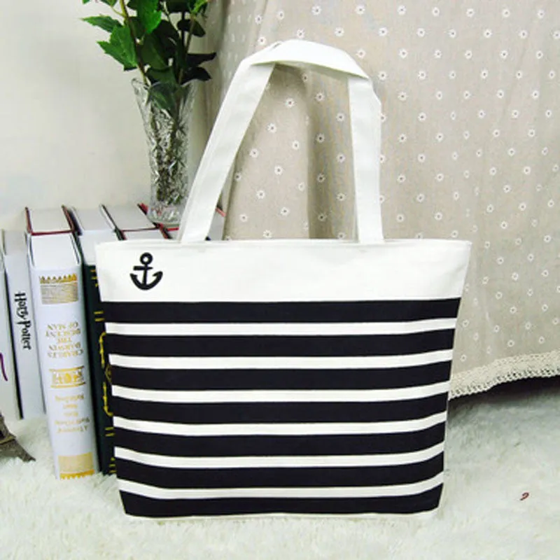 Women Girl Portable Stripe Canvas Black Anchor Pattern Shopping Shoulder Bags Women Hbag Beach Lunch Box Tote