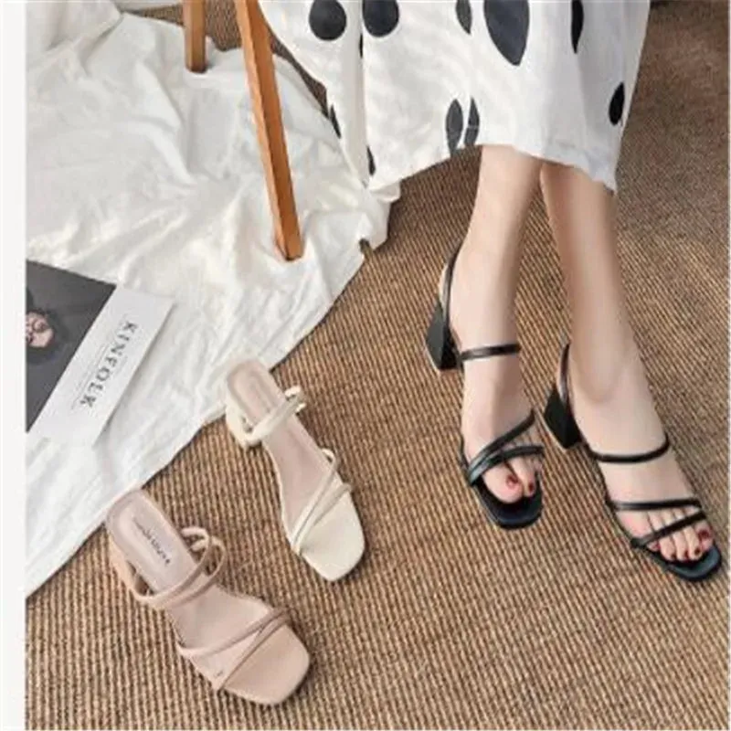 Women Sandals Ladies Square Heels Elegant Summer Slippers Outside Cross Tied Leather Female Slides