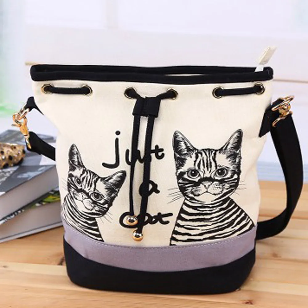 Women Shoulder Bags Printed Canvas Bucket Bag Retro Crossbody School Bags Hbags Cat Bag