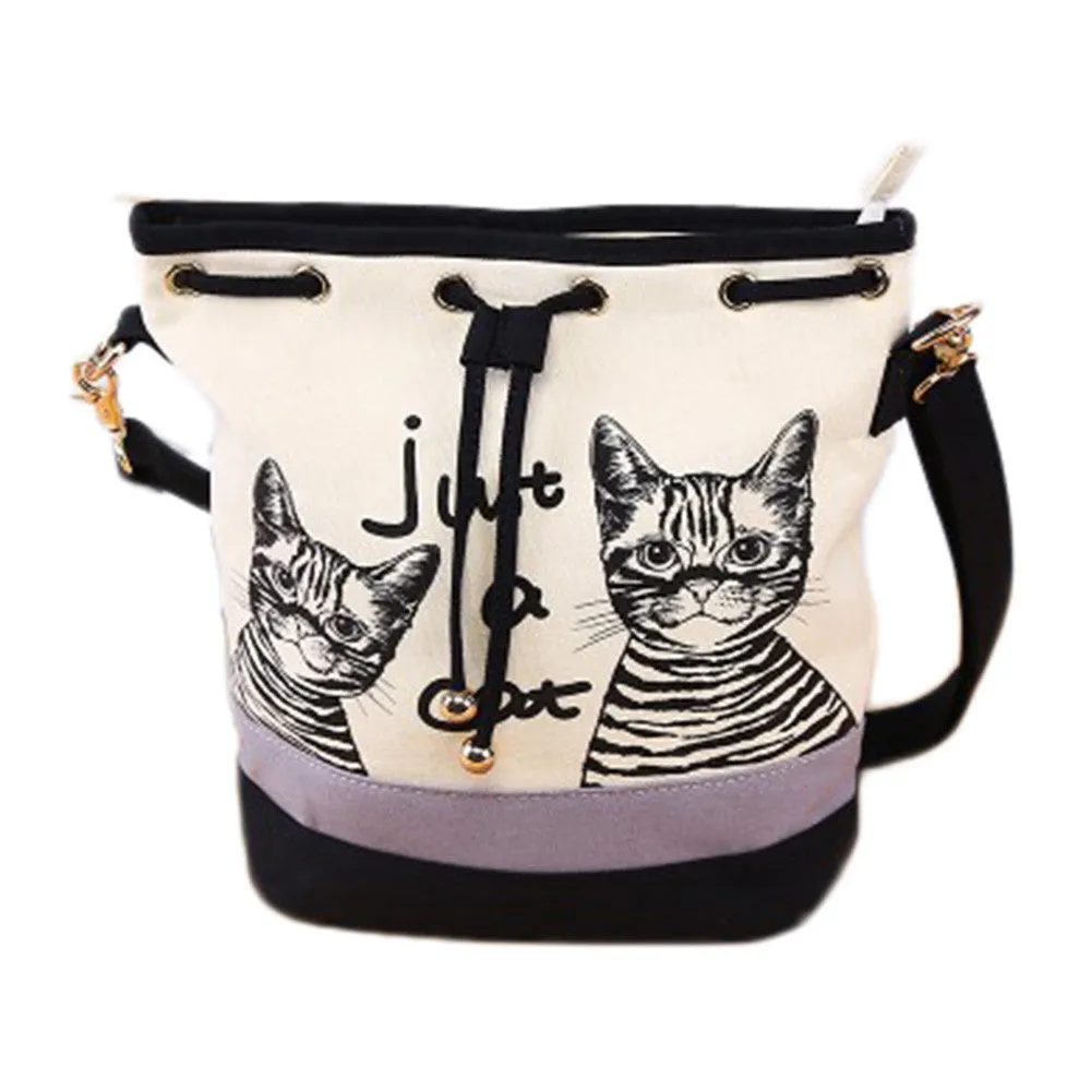 Women Shoulder Bags Printed Canvas Bucket Bag Retro Crossbody School Bags Hbags Cat Bag