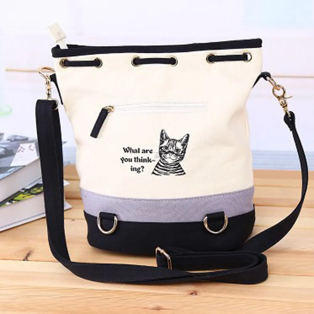 Women Shoulder Bags Printed Canvas Bucket Bag Retro Crossbody School Bags Hbags Cat Bag