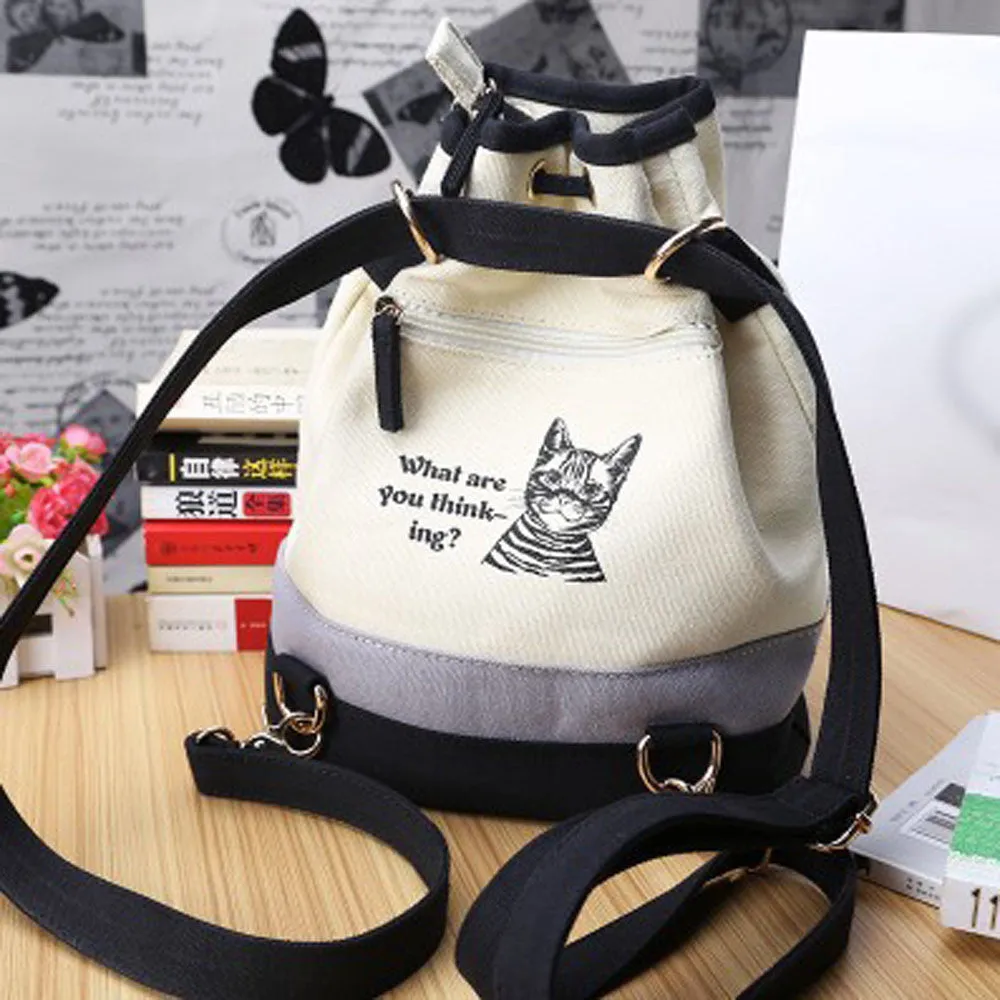 Women Shoulder Bags Printed Canvas Bucket Bag Retro Crossbody School Bags Hbags Cat Bag