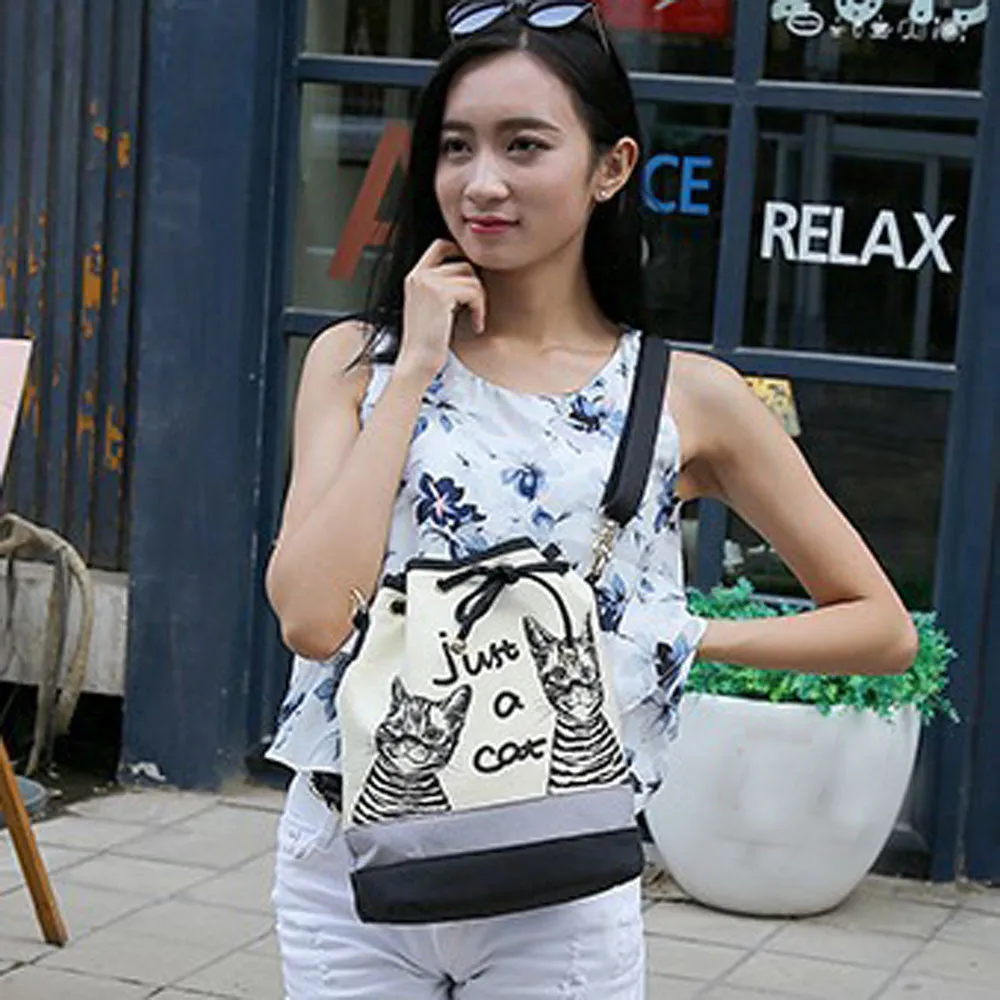 Women Shoulder Bags Printed Canvas Bucket Bag Retro Crossbody School Bags Hbags Cat Bag